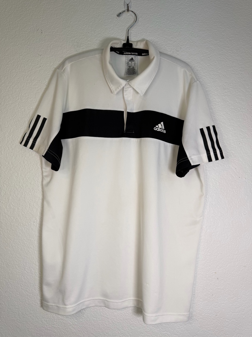 adidas White Polo with Black Chest Stripe and Sleeve Accents,‎ Size L